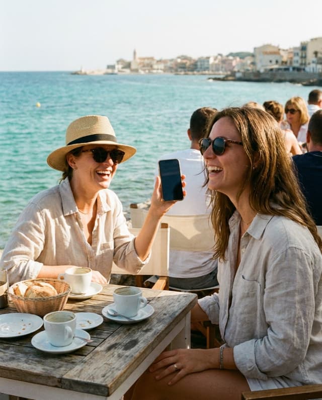 Zwei Freundinnen in einem Café am Meer, eine fotografiert mit ihrem Handy