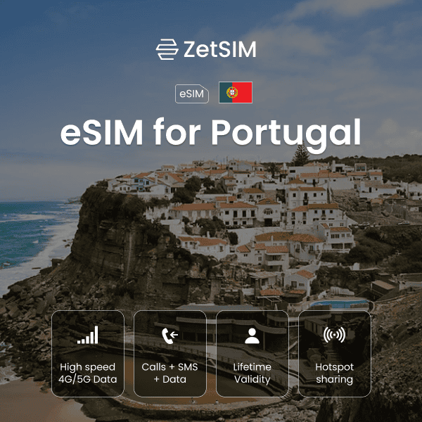 eSIM for Portugal shown on a smartphone, highlighting fast digital SIM activation, easy setup, and reliable nationwide mobile data coverage for travelers visiting cities and regions across Portugal.