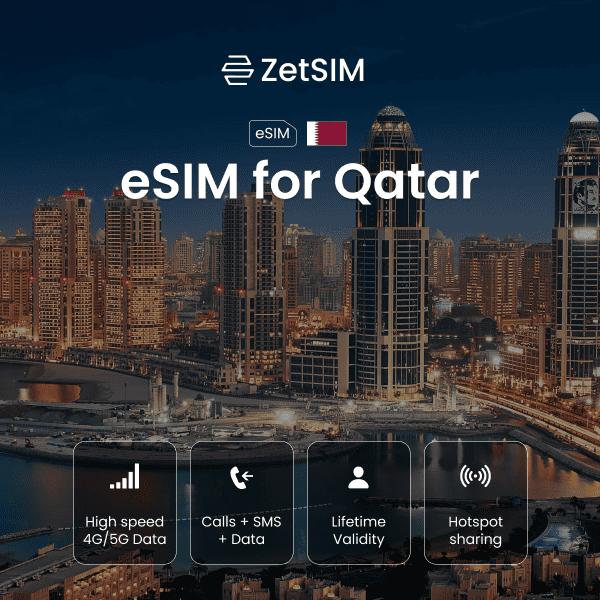 eSIM for Qatar displayed on a smartphone, featuring fast digital SIM activation, easy setup, and strong nationwide mobile data coverage for travelers exploring Doha and other regions across Qatar.