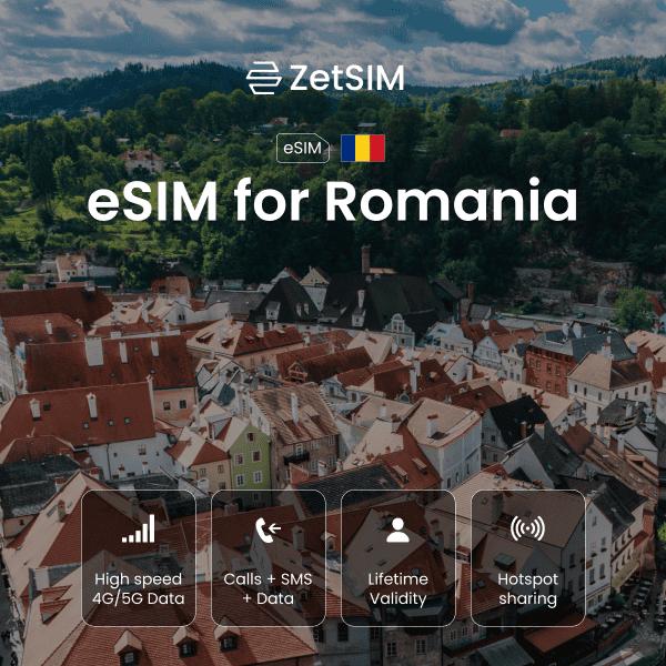 eSIM for Romania shown on a smartphone, highlighting fast digital SIM activation, easy setup, and reliable nationwide mobile data coverage for travelers visiting cities and regions across Romania.