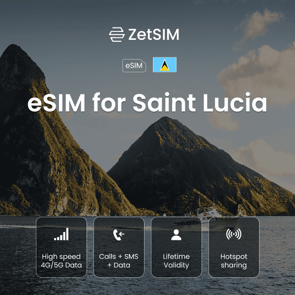 eSIM for Saint Lucia displayed on a smartphone, highlighting fast digital SIM activation, easy setup, and reliable mobile data coverage for travelers exploring cities, beaches, and regions across Saint Lucia.