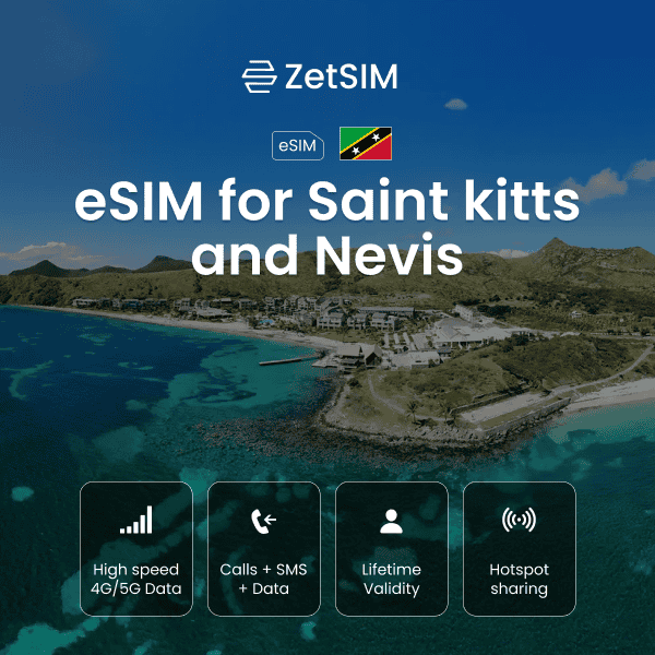 eSIM for Saint Kitts and Nevis displayed on a smartphone, highlighting fast digital SIM activation, easy setup, and reliable mobile data coverage for travelers exploring both islands of Saint Kitts and Nevis.