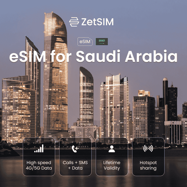 eSIM for Saudi Arabia displayed on a smartphone, featuring fast digital SIM activation, easy setup, and strong nationwide mobile data coverage for travelers visiting major cities and regions across Saudi Arabia.