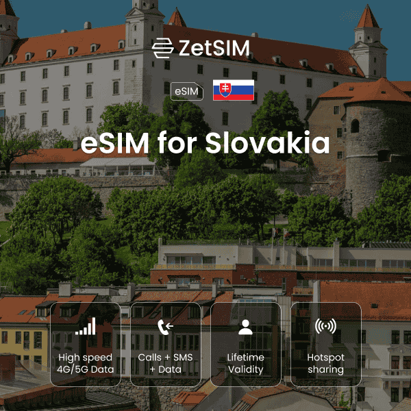 eSIM for Slovakia displayed on a smartphone, highlighting quick digital SIM activation, easy setup, and reliable nationwide mobile data coverage for travelers visiting cities and regions across Slovakia.
