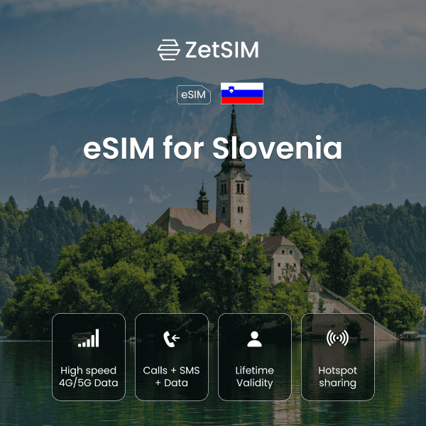 eSIM for Slovenia displayed on a smartphone, showing fast digital SIM activation, simple setup, and reliable nationwide mobile data coverage for travelers exploring cities and regions across Slovenia.