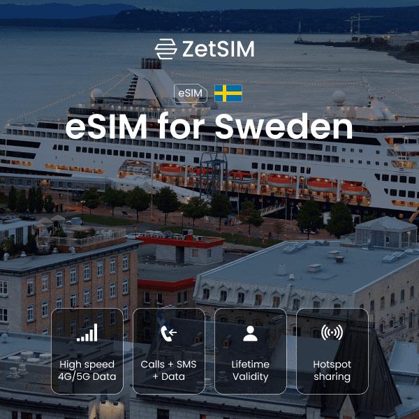 eSIM for Sweden displayed on a smartphone, highlighting fast digital SIM activation, simple setup, and reliable nationwide mobile data coverage for travelers visiting major cities across Sweden.