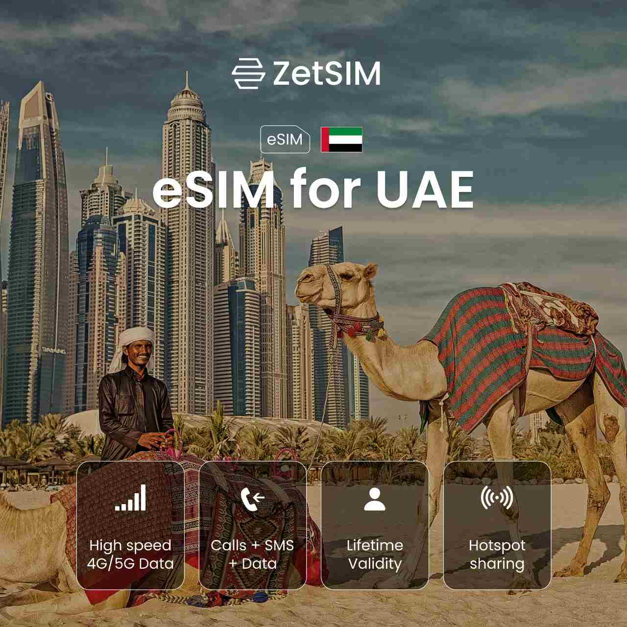 eSIM for the United Arab Emirates displayed on a smartphone, showing fast digital SIM activation, easy setup, and strong nationwide mobile data coverage for travelers visiting major cities across the UAE.