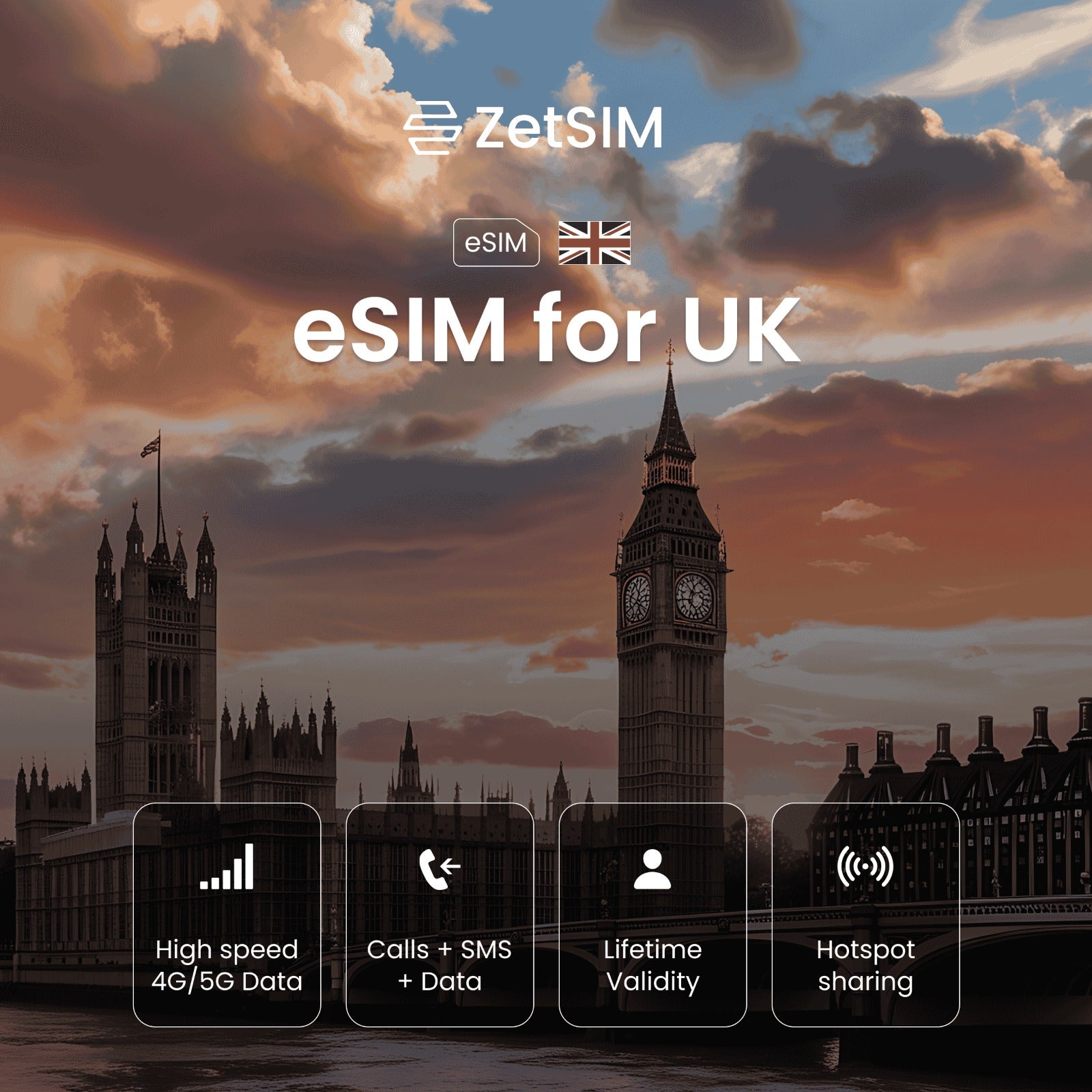 eSIM for the United Kingdom displayed on a smartphone, showing simple digital SIM activation, fast setup, and reliable nationwide mobile data coverage for travelers across major UK cities.
