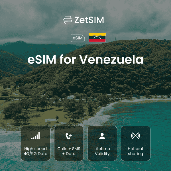 ZetSIM eSIM for Venezuela advertisement with a scenic background