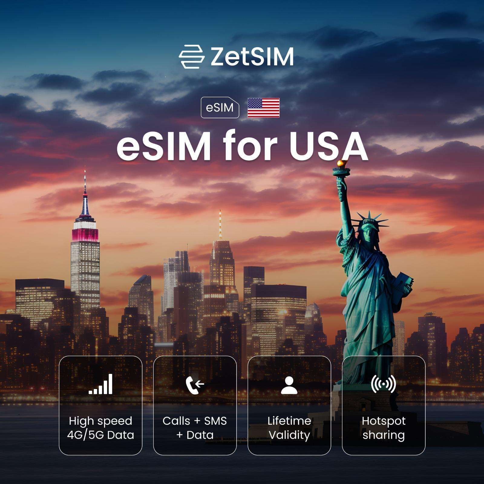 eSIM for the United States of America shown on a smartphone, highlighting fast digital SIM activation, easy setup, and reliable nationwide mobile data coverage for travelers across major U.S. cities.