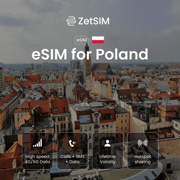 eSIM for Poland displayed on a smartphone, highlighting fast digital SIM activation, simple setup, and dependable nationwide mobile data coverage for travelers exploring cities and regions across Poland.