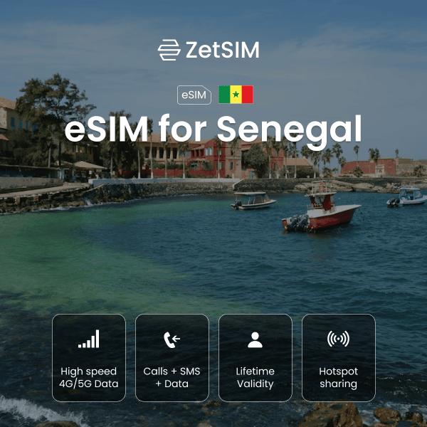 eSIM for Senegal shown on a smartphone, highlighting fast digital SIM activation, simple setup, and dependable nationwide mobile data coverage for travelers exploring cities and regions across Senegal.