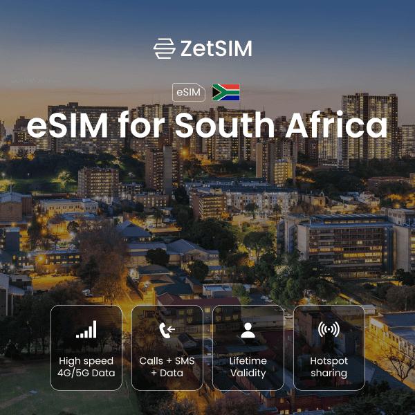 eSIM for South Africa displayed on a smartphone, showing fast digital SIM activation, easy setup, and reliable nationwide mobile data coverage for travelers visiting major cities across South Africa.