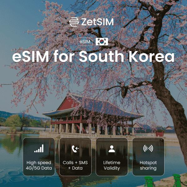 eSIM for South Korea displayed on a smartphone, highlighting fast digital SIM activation, smooth setup, and reliable nationwide mobile data coverage for travelers visiting major cities across South Korea.