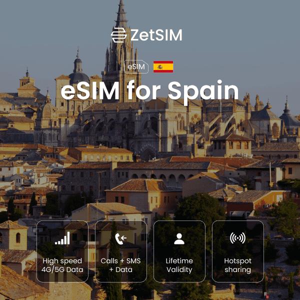 eSIM for Spain displayed on a smartphone, showing fast digital SIM activation, easy setup, and reliable nationwide mobile data coverage for travelers visiting major cities across Spain.