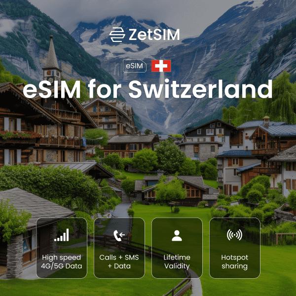 eSIM for Switzerland displayed on a smartphone, highlighting quick digital SIM activation, easy setup, and reliable nationwide mobile data coverage for travelers visiting major cities across Switzerland