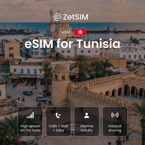 eSIM for Tunisia displayed on a smartphone, highlighting fast digital SIM activation, simple setup, and reliable nationwide mobile data coverage for travelers visiting major cities across Tunisia.