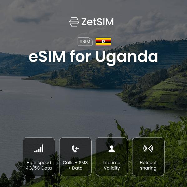 eSIM for Uganda displayed on a smartphone, showing quick digital SIM activation, easy setup, and reliable nationwide mobile data coverage for travelers visiting major cities across Uganda.
